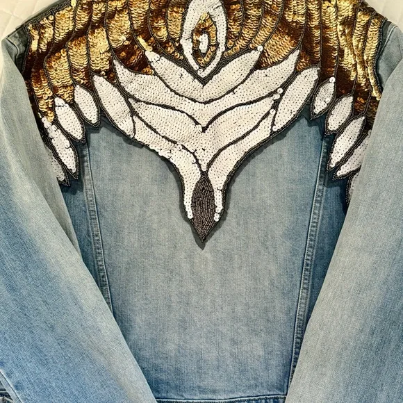 Free People Glam Embellished Denim Blue Jean Jacket (L) NEW - Picture 5 of 5